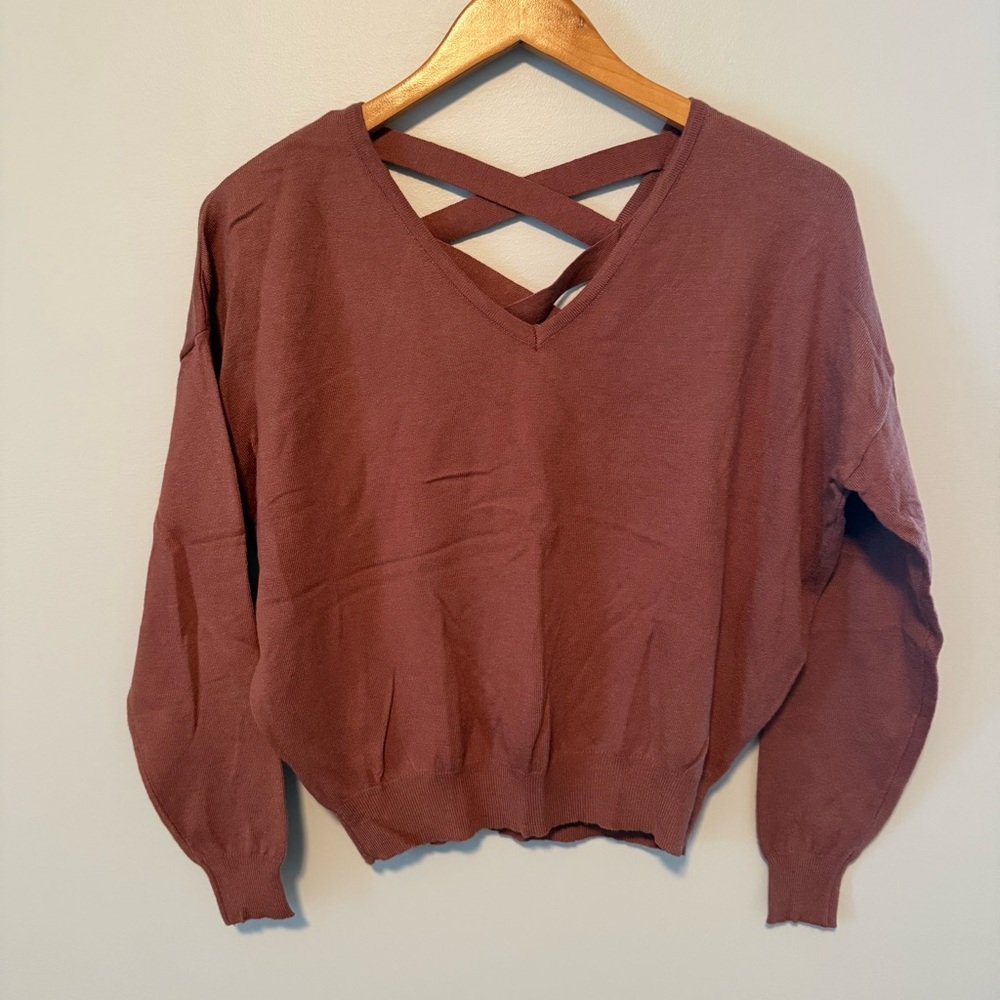 Love Tree mauve long sleeve sweater with open criss cross back